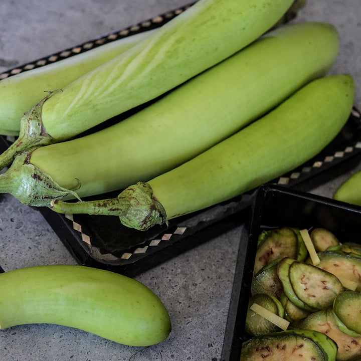Satsuma White Long Eggplant with pickled eggplant.