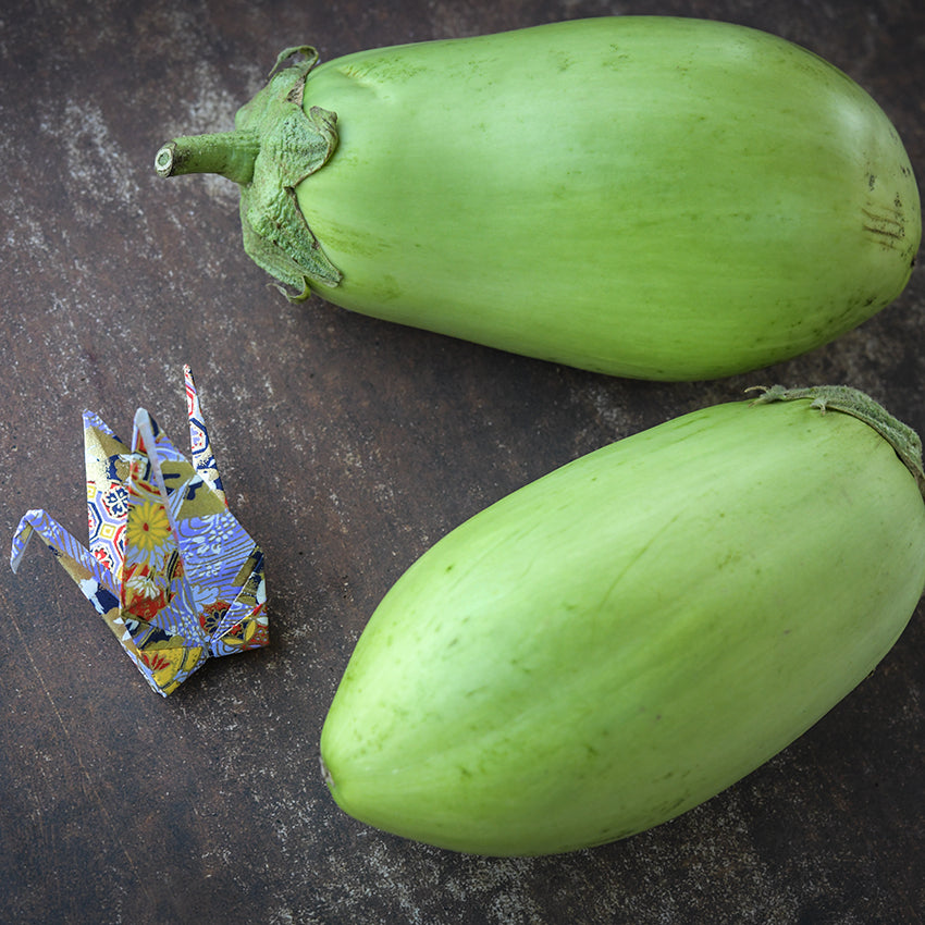 Shiromaru Eggplant on wooden table next to origami bird.