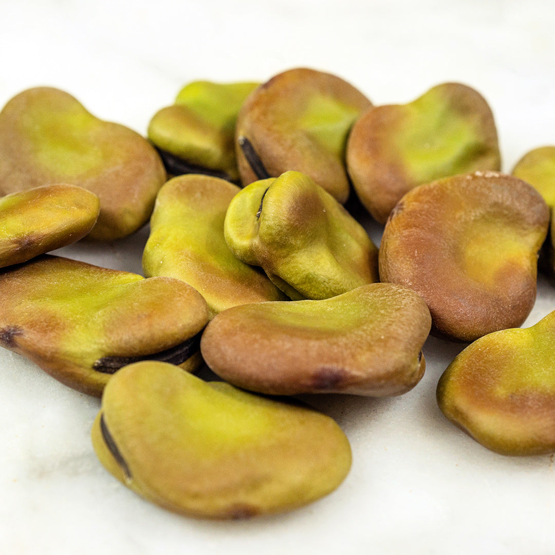 An extreme close-up of Masterpiece Fava Beans on a white background.