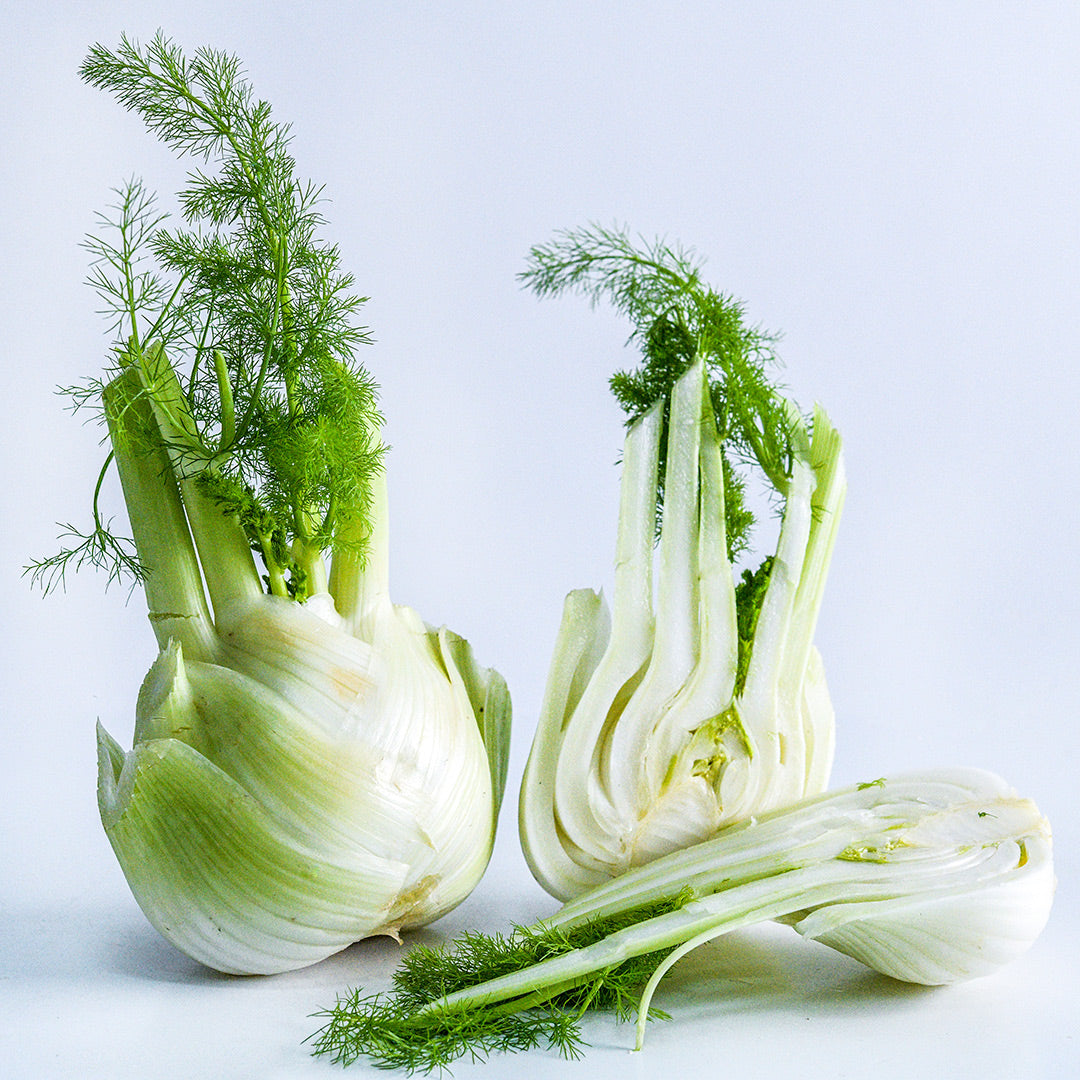 Cut and whole Wadenromen Fennel on a white background.