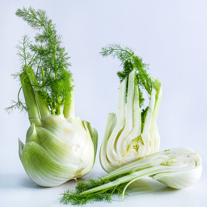 Cut and whole Wadenromen Fennel on a white background.