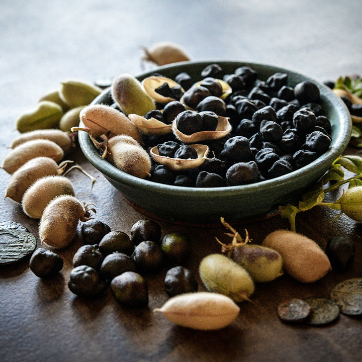 A backlit bowl of Kabouli Black Garbanzo Beans on a brown background.