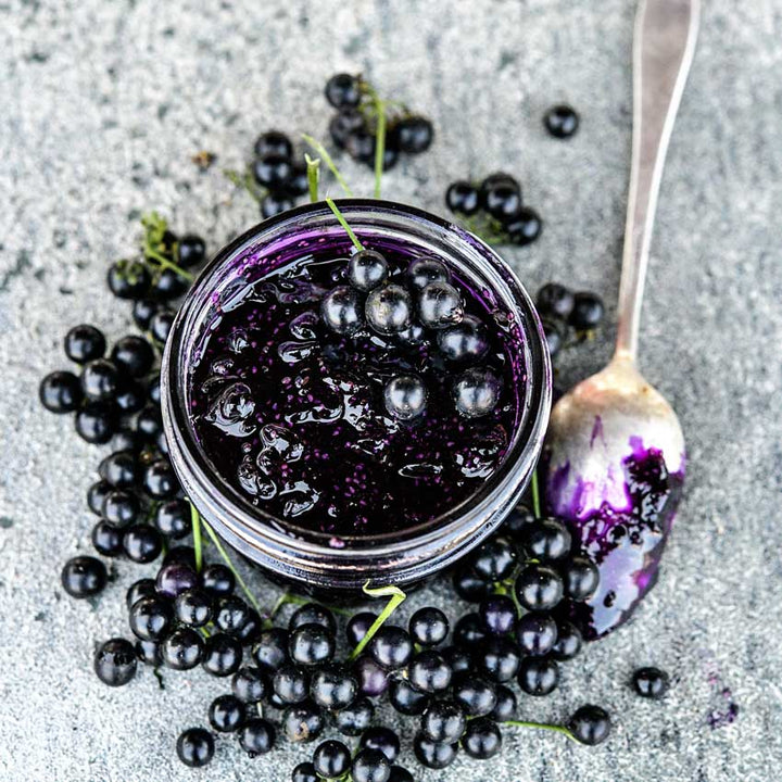 Chichiquelite Huckleberry jam with berries and spoon on a stone background.