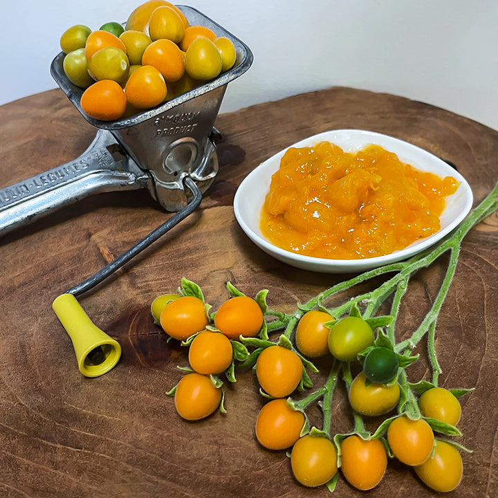 Dwarf Tamarillo berries with a fruit grider and some jam in a bowl. Image by Lucy Hutchins.