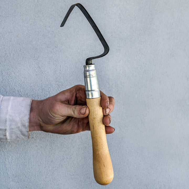 The Baker Creek Blacksmith is holding a hand-forged Haseltine Hand Weeder and Scraper.