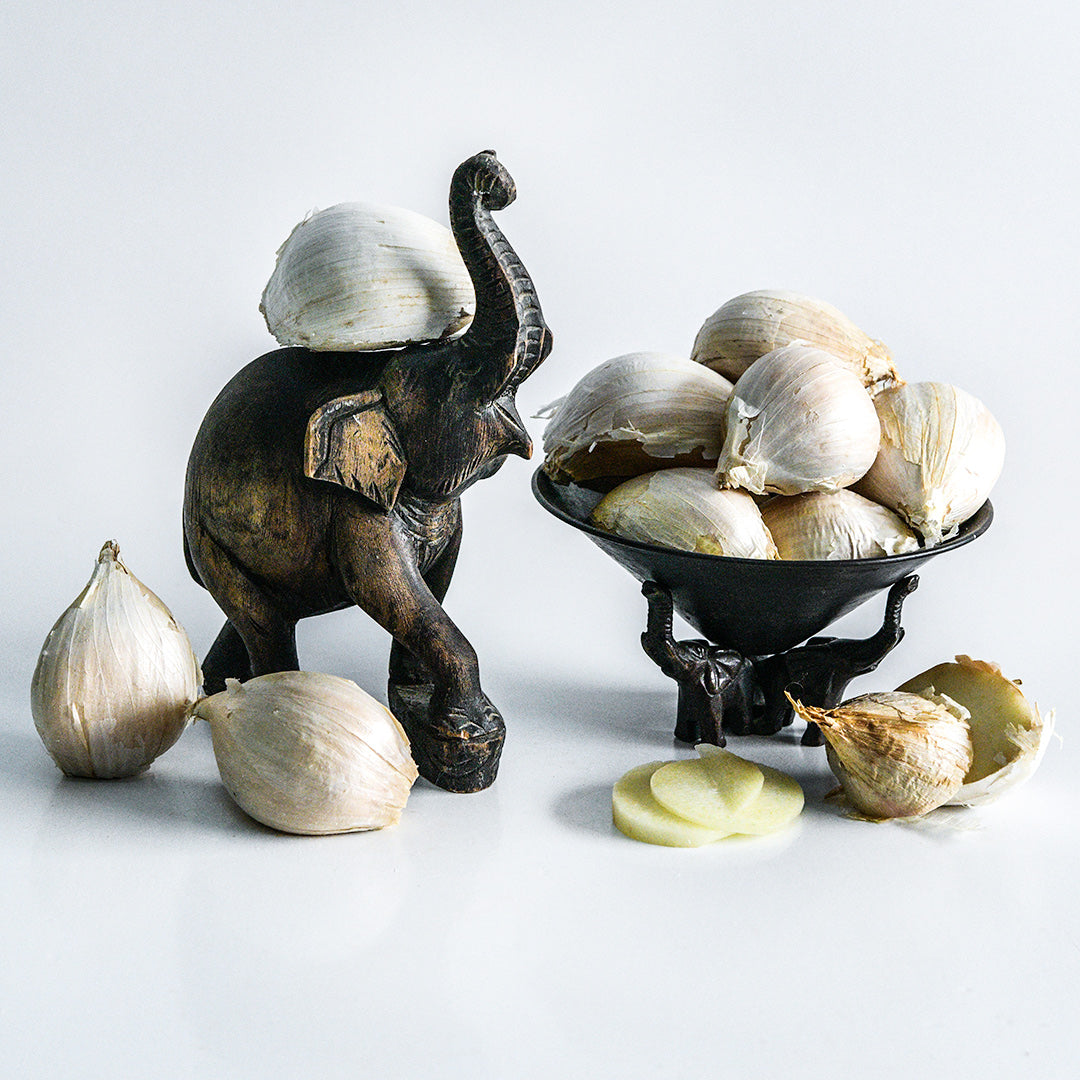 A wooden elephant and bowl surrounded by large Elephant Garlic cloves on a light background.