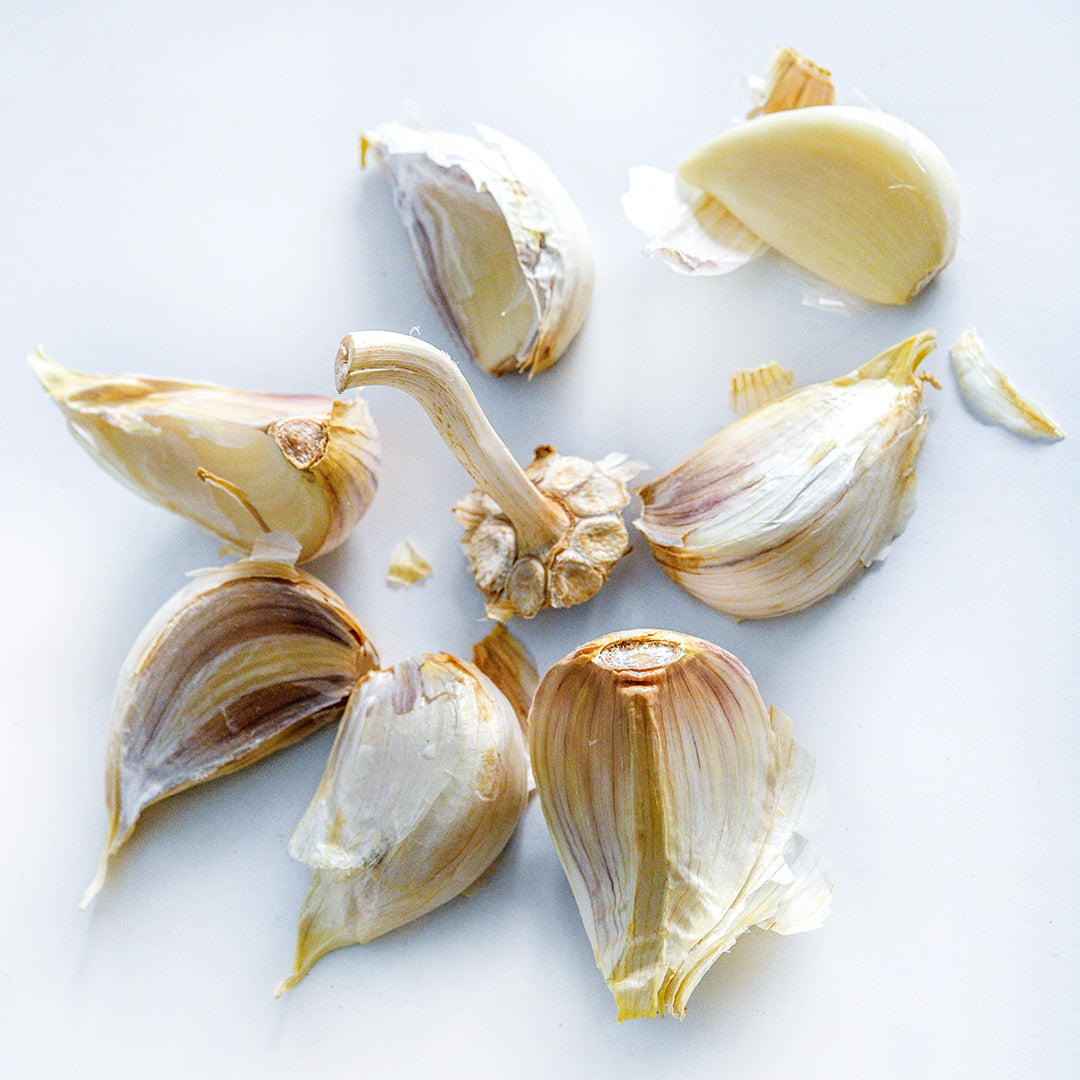 German Extra Hardy Garlic cloves surrounding the hardneck on a light background.