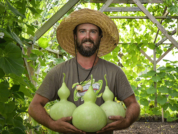 Andrew holding Thai Bottle Gourds in growing patch