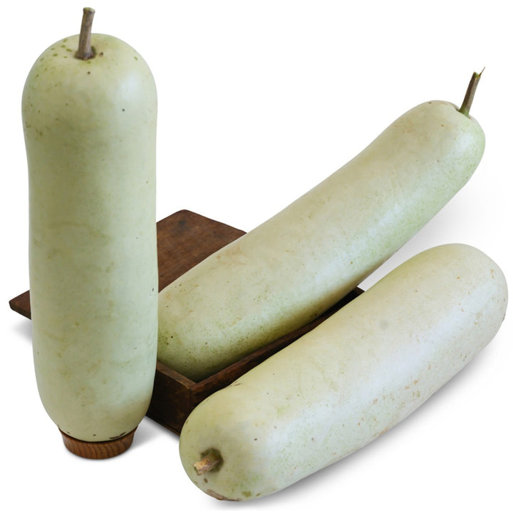 Trio of Giant Bello Gourd in a wood box on a white background.