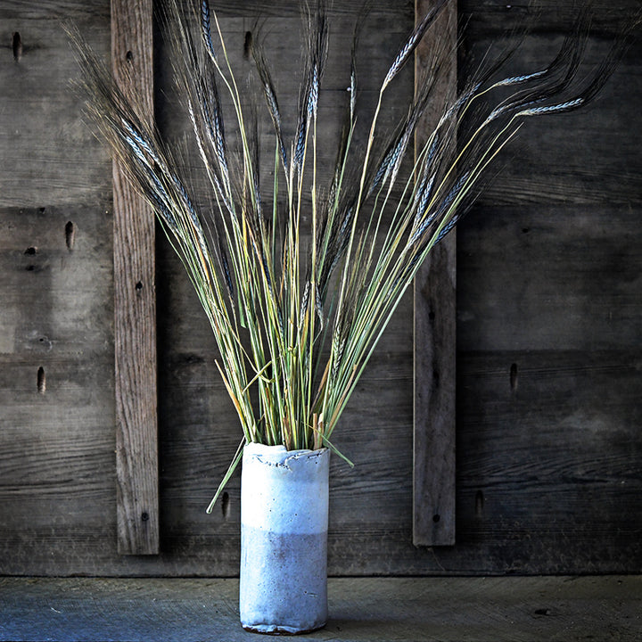 An arrangement of Utrecht Blue Wheat stalks in hand crafted ceramic vase against a rustic wooden backdrop.