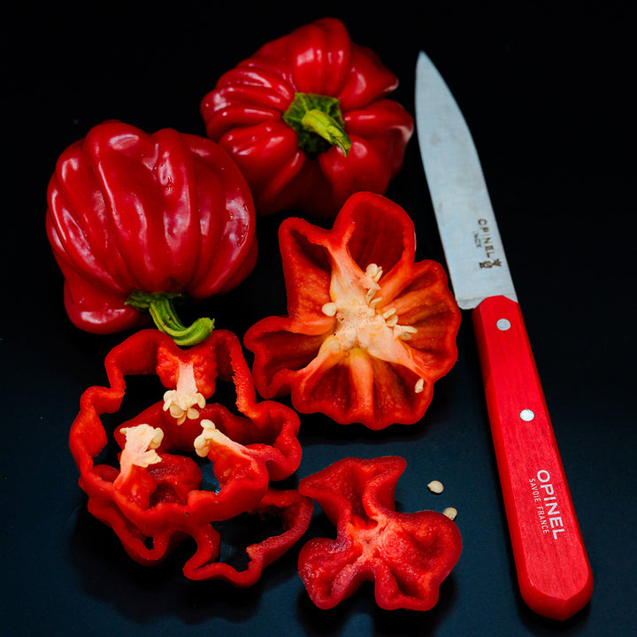 Cut and whole Botan Kosho Chili Peppers with a bright red knife on a black background.