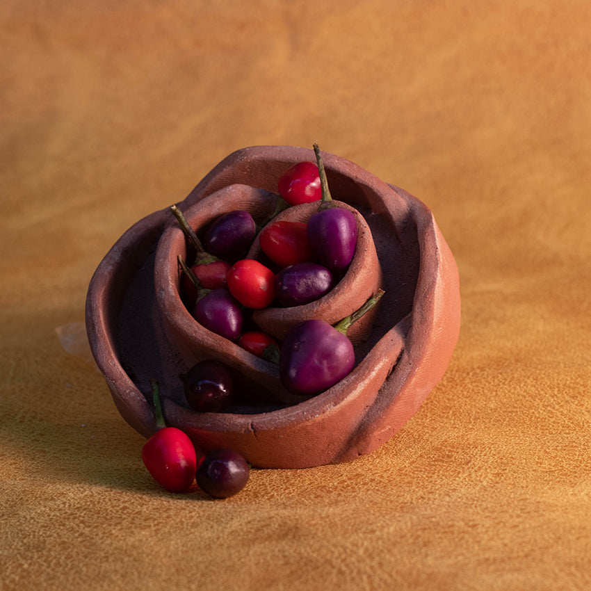 Filius Blue Peppers in decorative, flower shaped container on brown background.