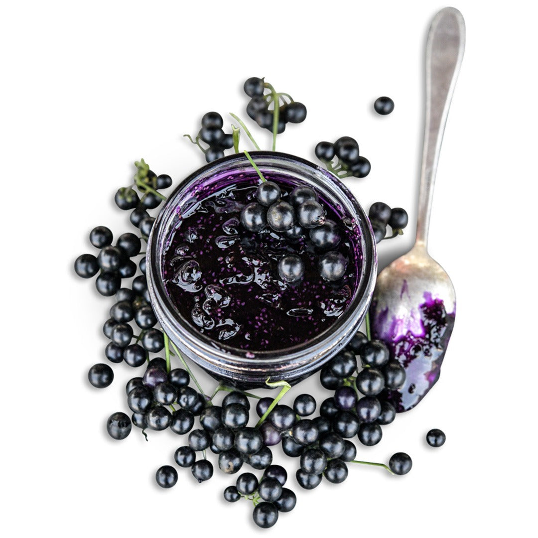 Chichiquelite Huckleberry jam with berries and spoon on a white background.