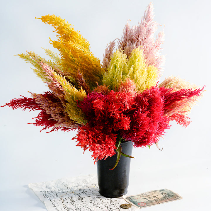 Autumn Glow Mix Celosia in a black ceramic vase with props from Japan on a light background.