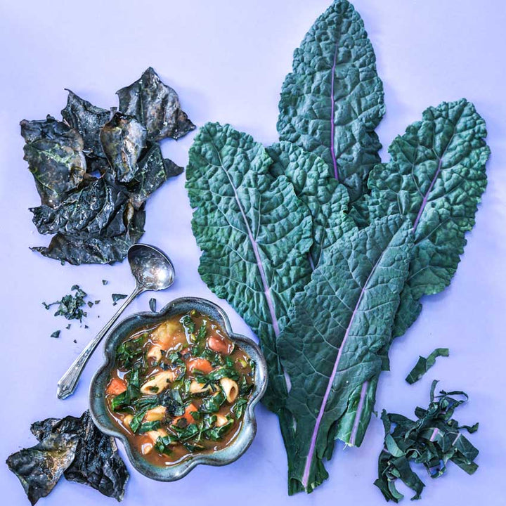 Dazzling Blue Kale leaves alongside a bowl of pasta soup made with kale.