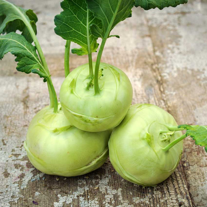 Three Delicacy White Kohlrabi stacked on a wooden board.