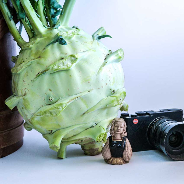 Superschmelz or Giant White Kohlrabi on a white background next to an old camera.