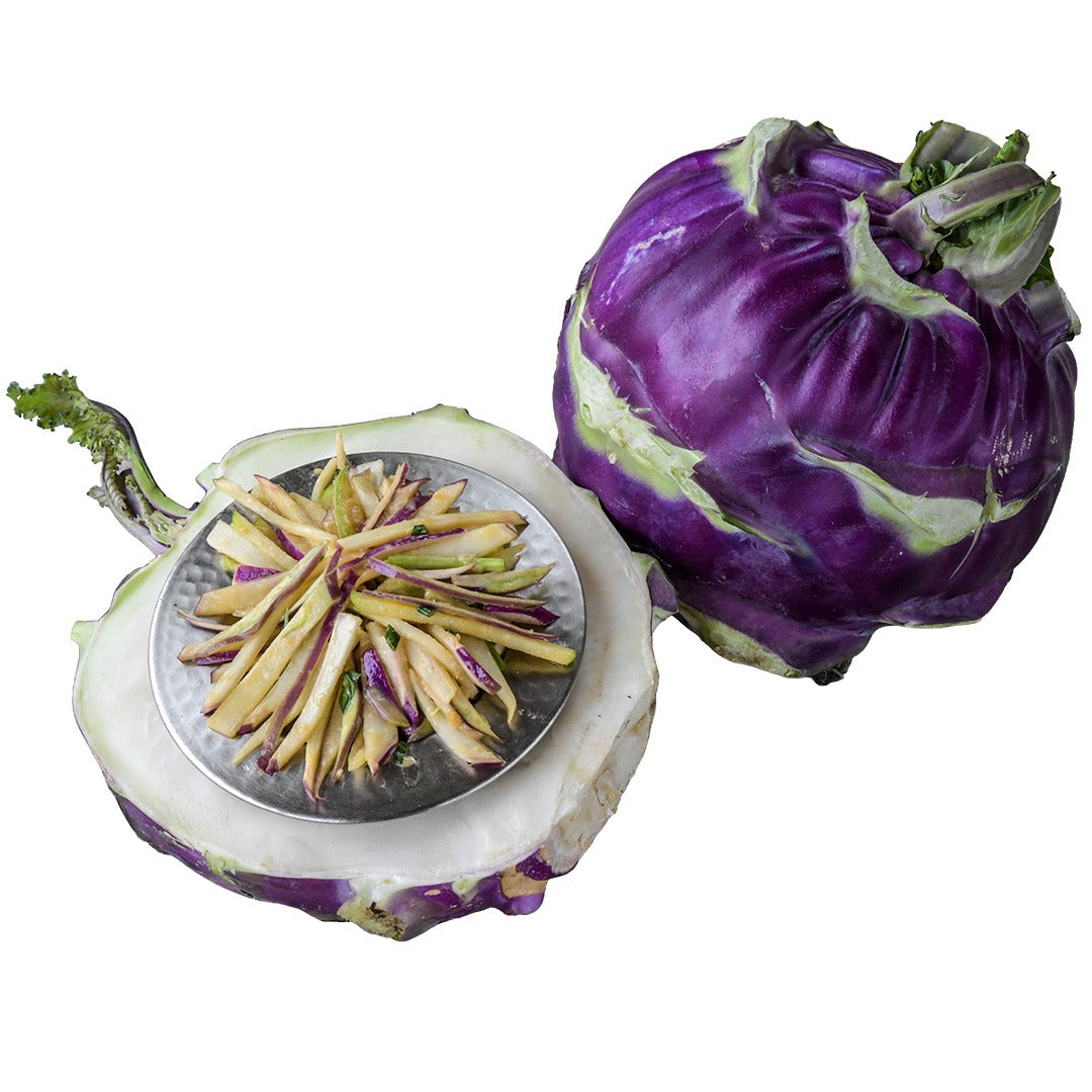 Early Purple Vienna Kohlrabi with Kohlrabi Coleslaw on a white background.