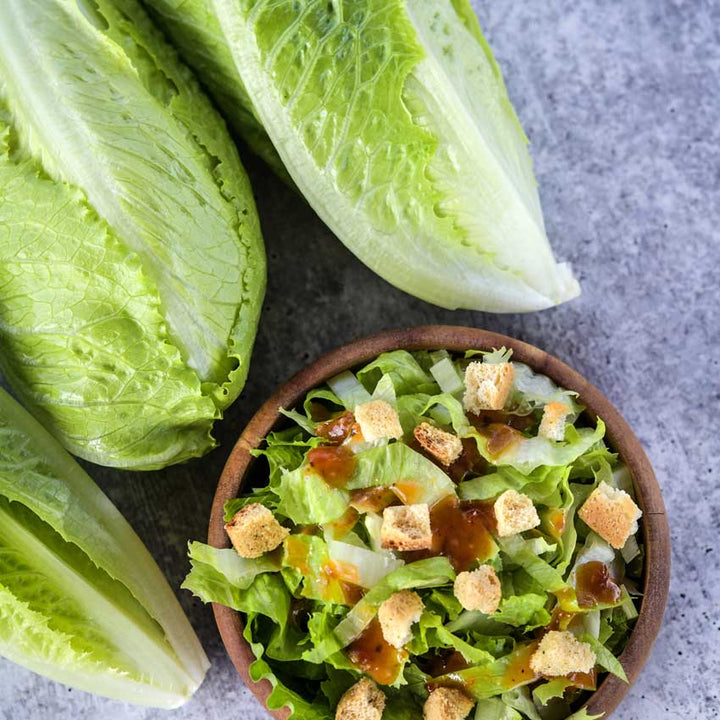 Three Crisp Mint Lettuce heads and a bowl of salad on a stone background.
