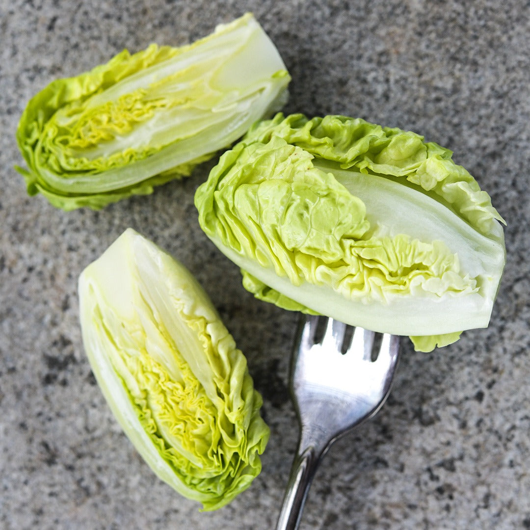 Little Gem Lettuce heads with a fork on a stone background.
