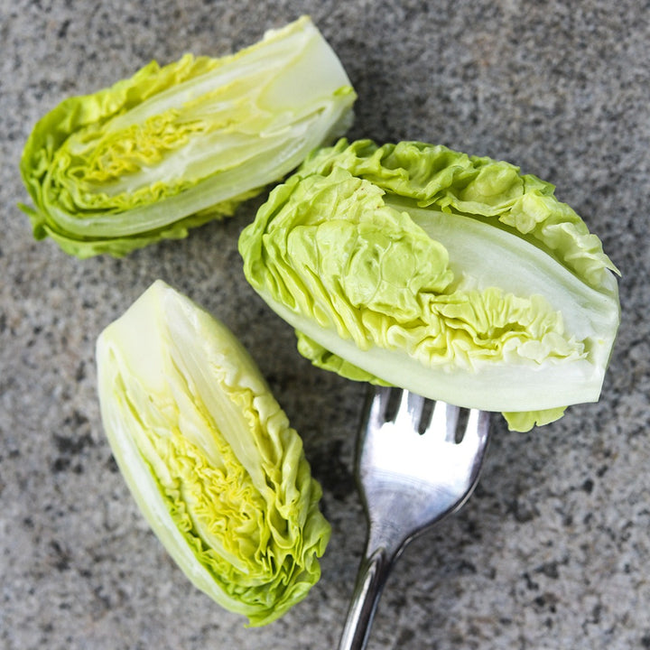 Little Gem Lettuce heads with a fork on a stone background.