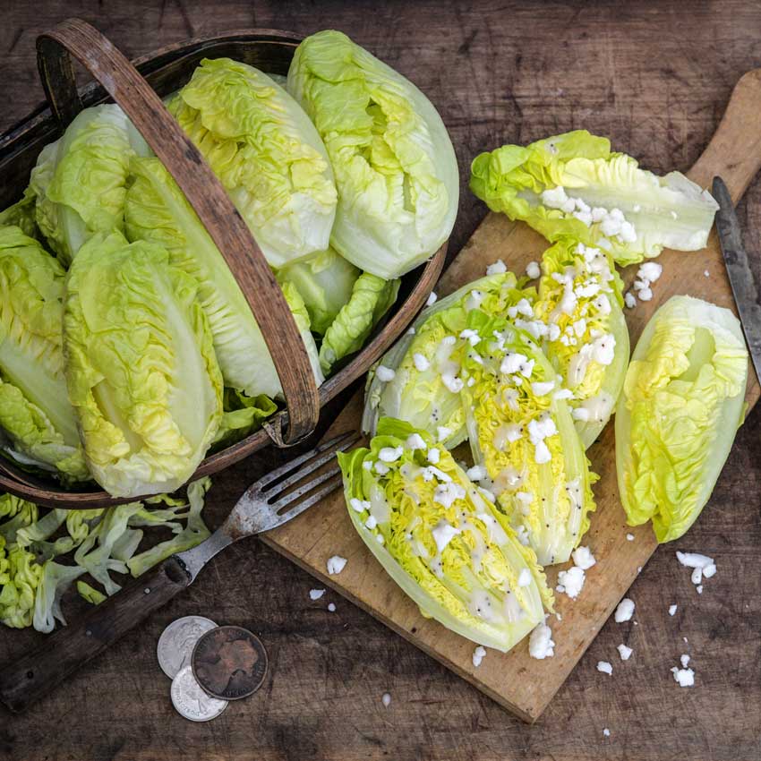 A basket of Little Gem Lettuce with some cut-ups on a wood board.