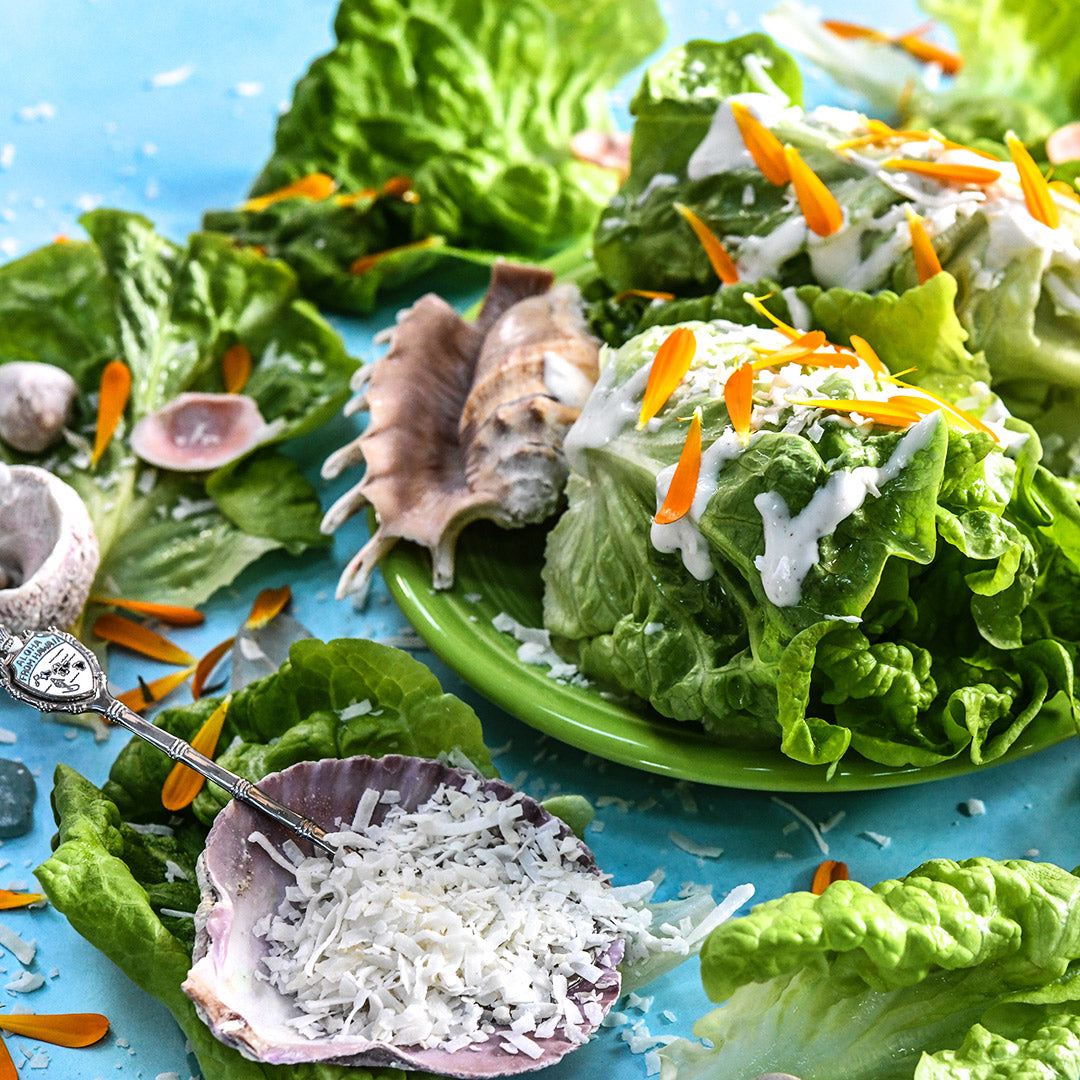 A close-up of Manoa Lettuce on a plate with dressing and calendula petals on a light blue background.