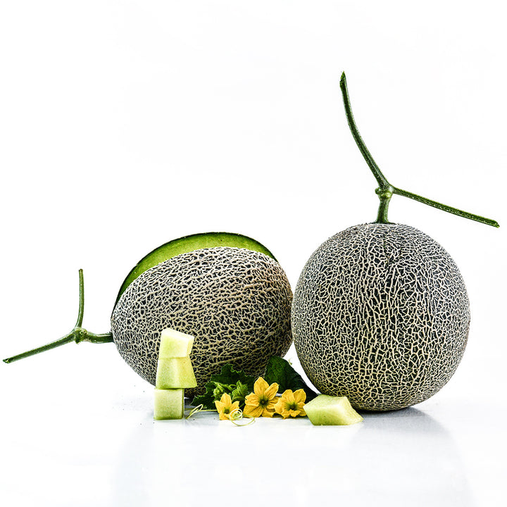 A pair of Sugar Dew Melons with cubes of melon arranged on a white background.