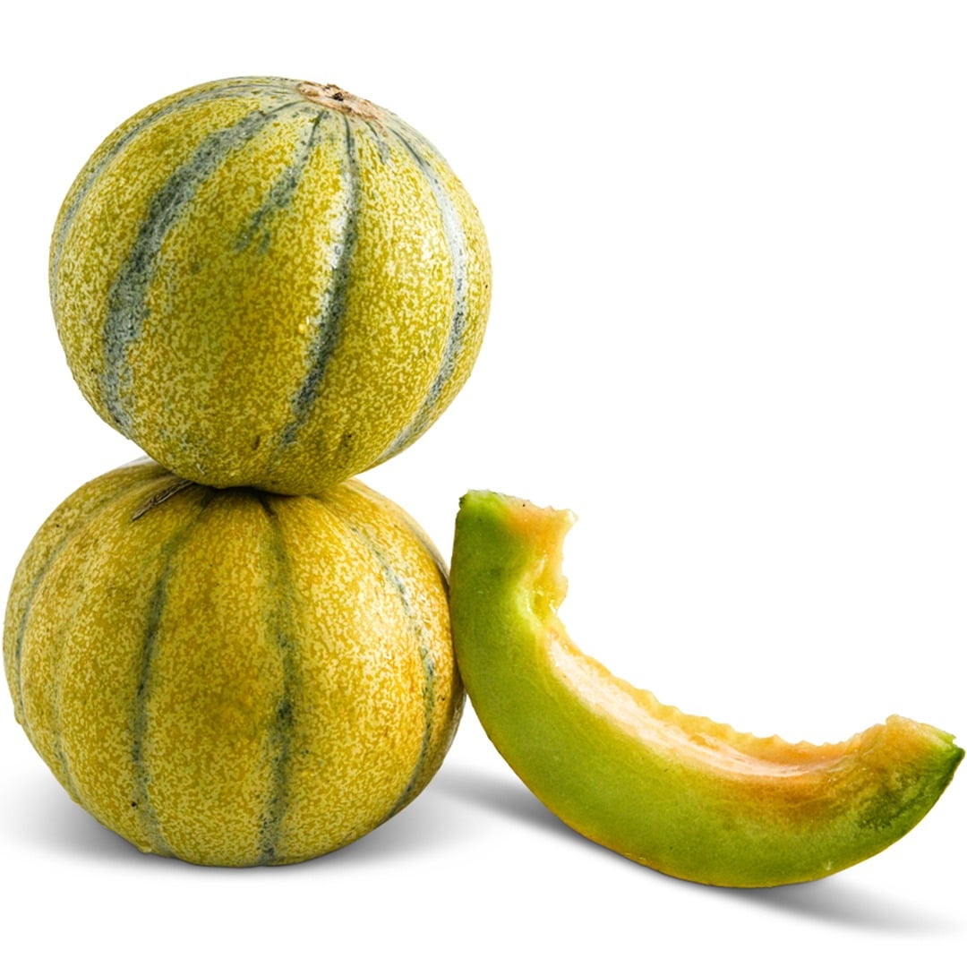 Two Ananas D'Amerique A Chair Verte Melons stacked with a melon slice on a white background.