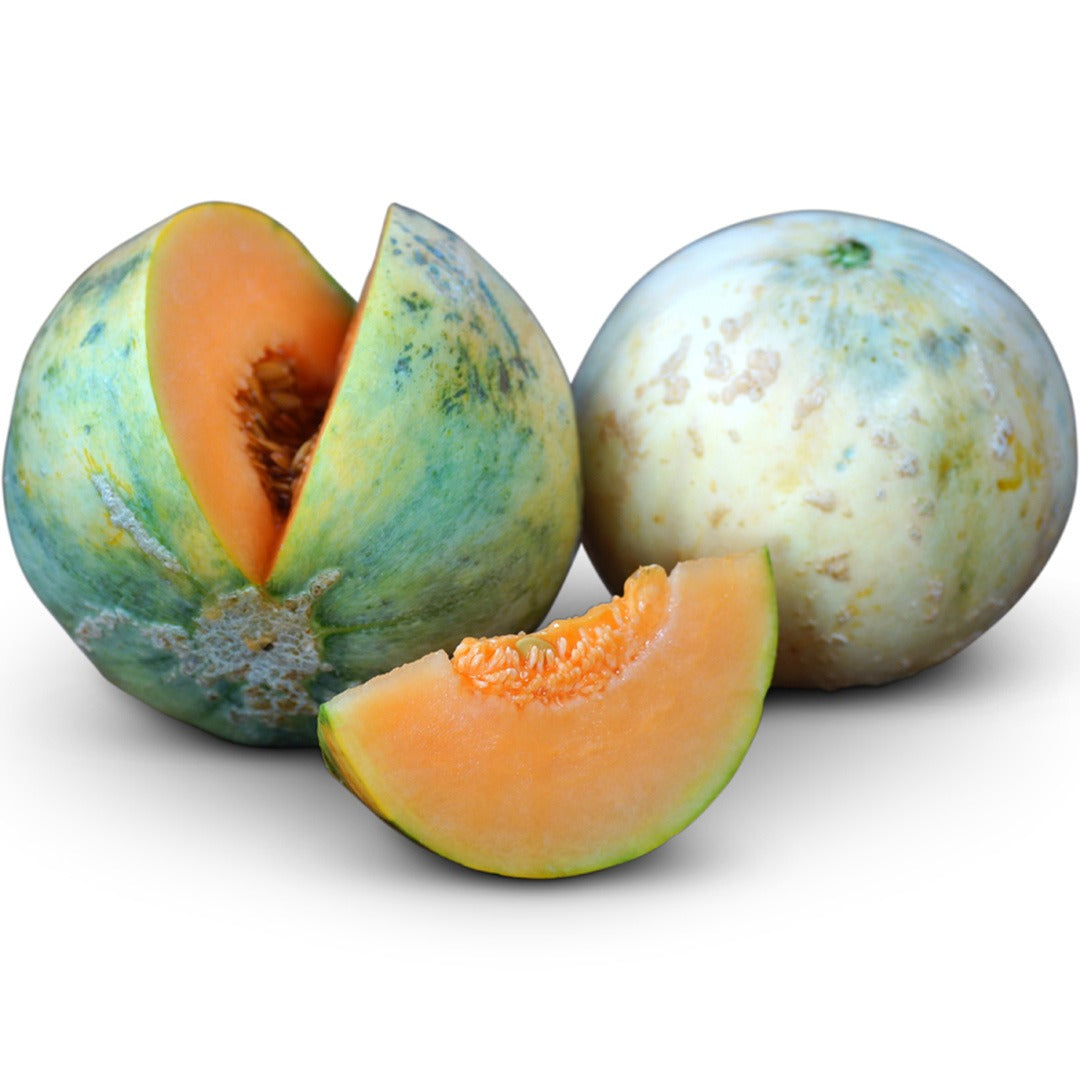 Whole and sliced Charentais Melon on a white background.