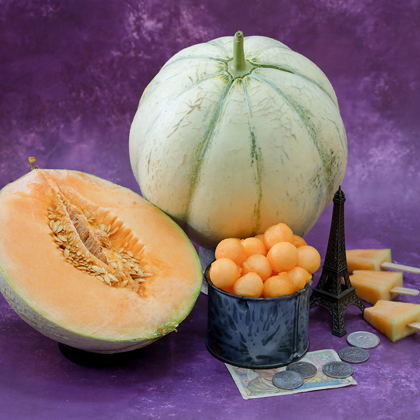 Charentais Melon balls and wedges with purple background.