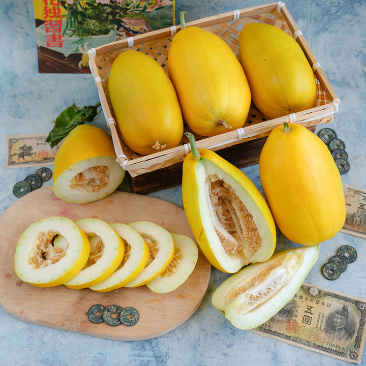 Golden Crispy Melons: whole, halved, quartered and sliced.