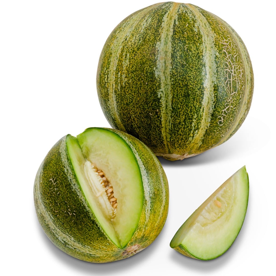 Pair of Ha'Ogen Melons with slice removed on a white background.