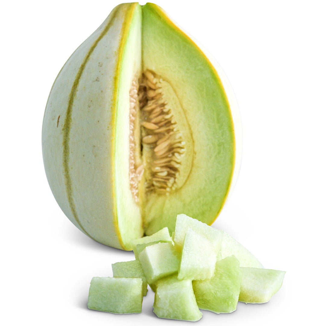 Hara Madhu Melon, sliced with chunks removed on a white background.
