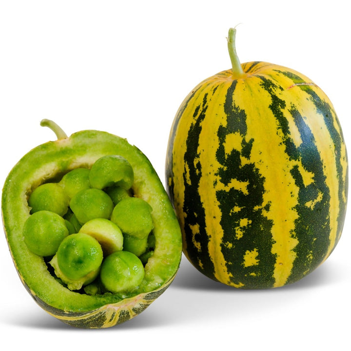 One whole Japanese Tiger Melon and one cut in half with melon balls on a white background.