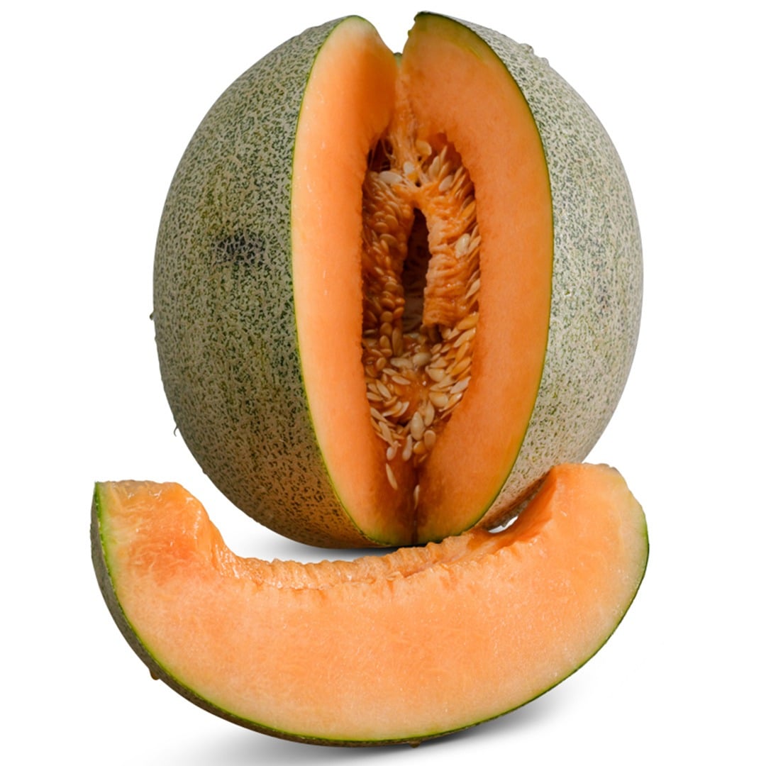 Small Persian Melon with slice removed on a white background.