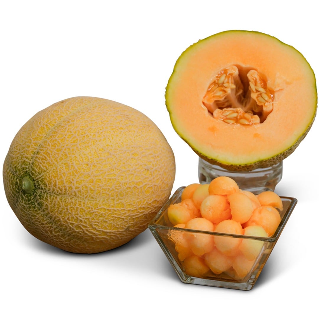 Sweet Passion Melons with melon balls on a white background.