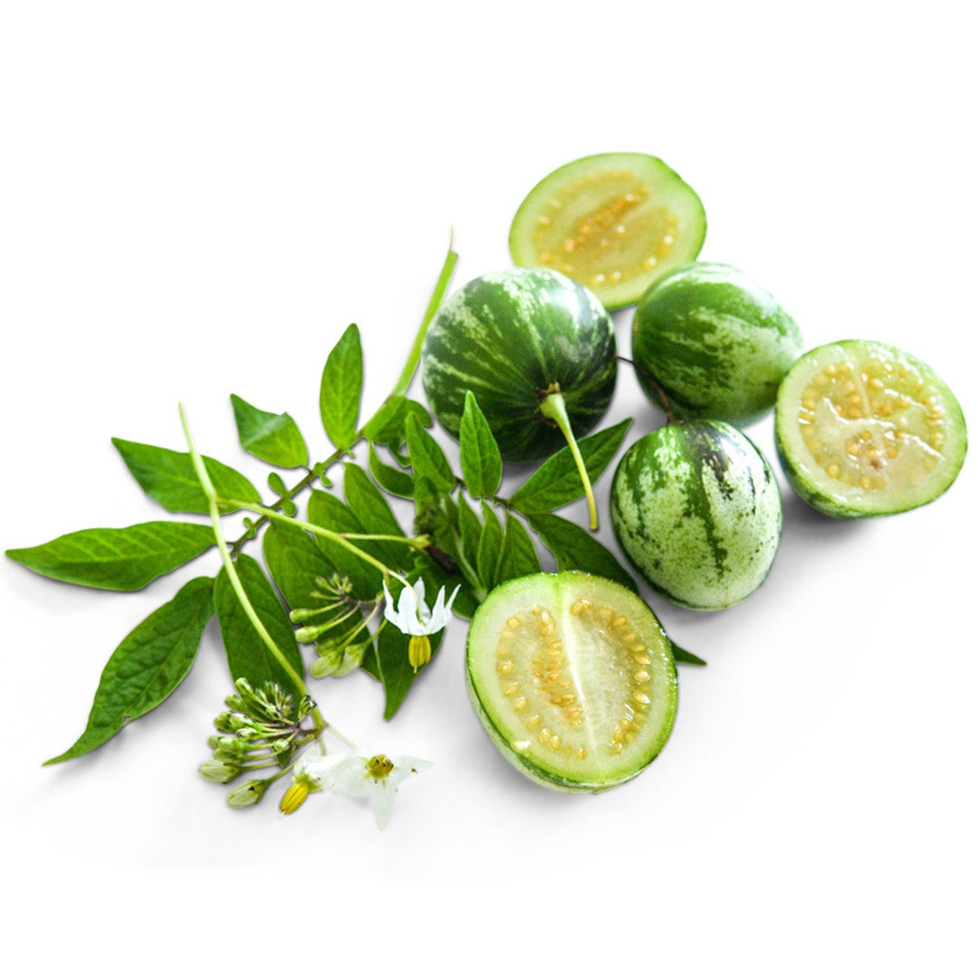 Cut and whole Tzimbalo Melon Pears with flowers and leaves on a white background.