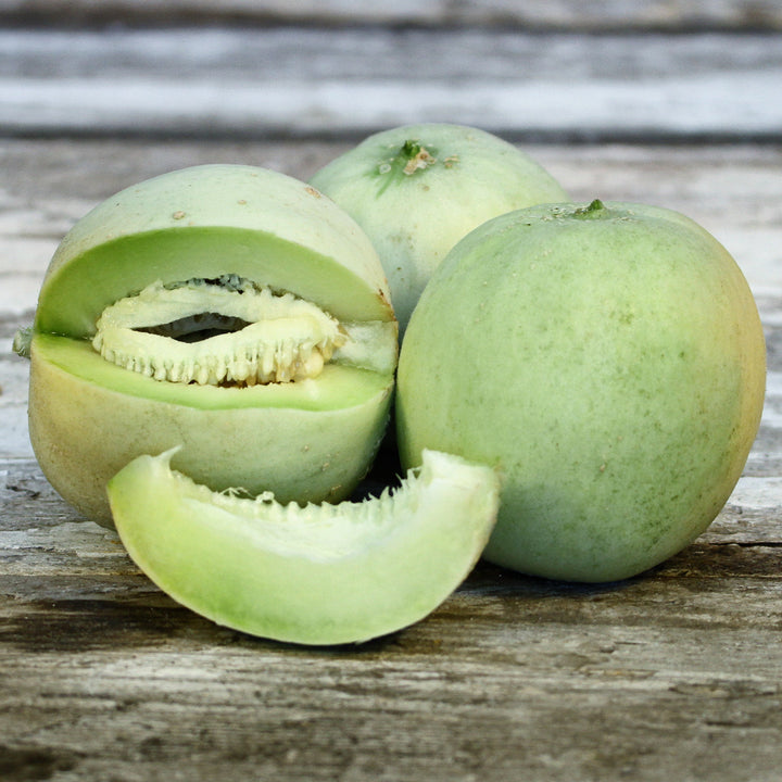 Oliver's Pearl Cluster Melons arranged on a wooden background with a slice of melon.