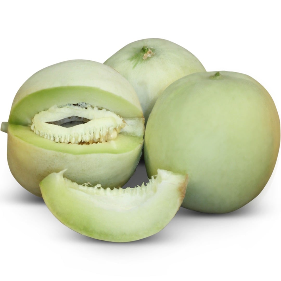 Whole and cut Oliver's Pearl Cluster Melons on a white background.