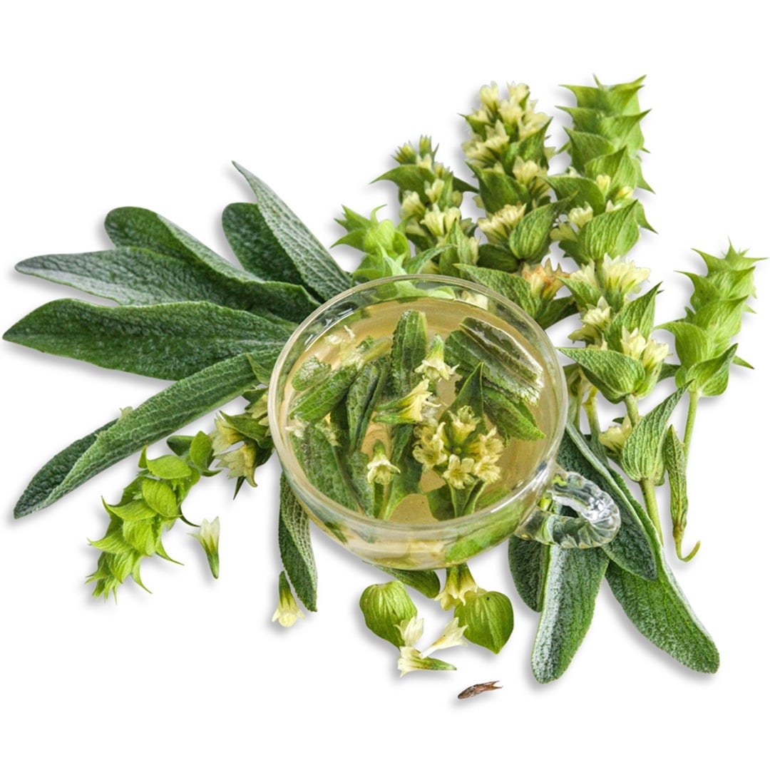 Greek Mountain Team Mint with tea on a white background.