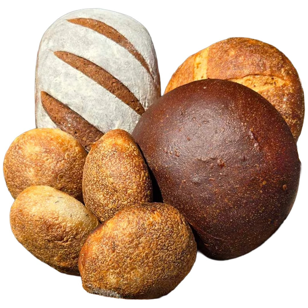 Assorted loaves of bread made from Ms. Debbie’s Rye Starter on a white background.