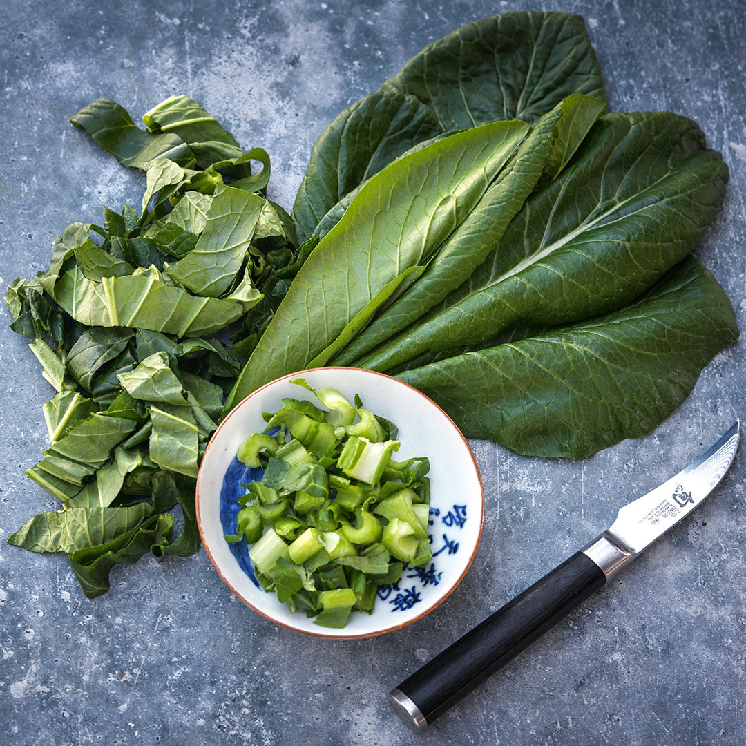 Spinach Mustard "Old Tokyo" Komatsuna leaves and chopped stems in a bowl on a grey background.