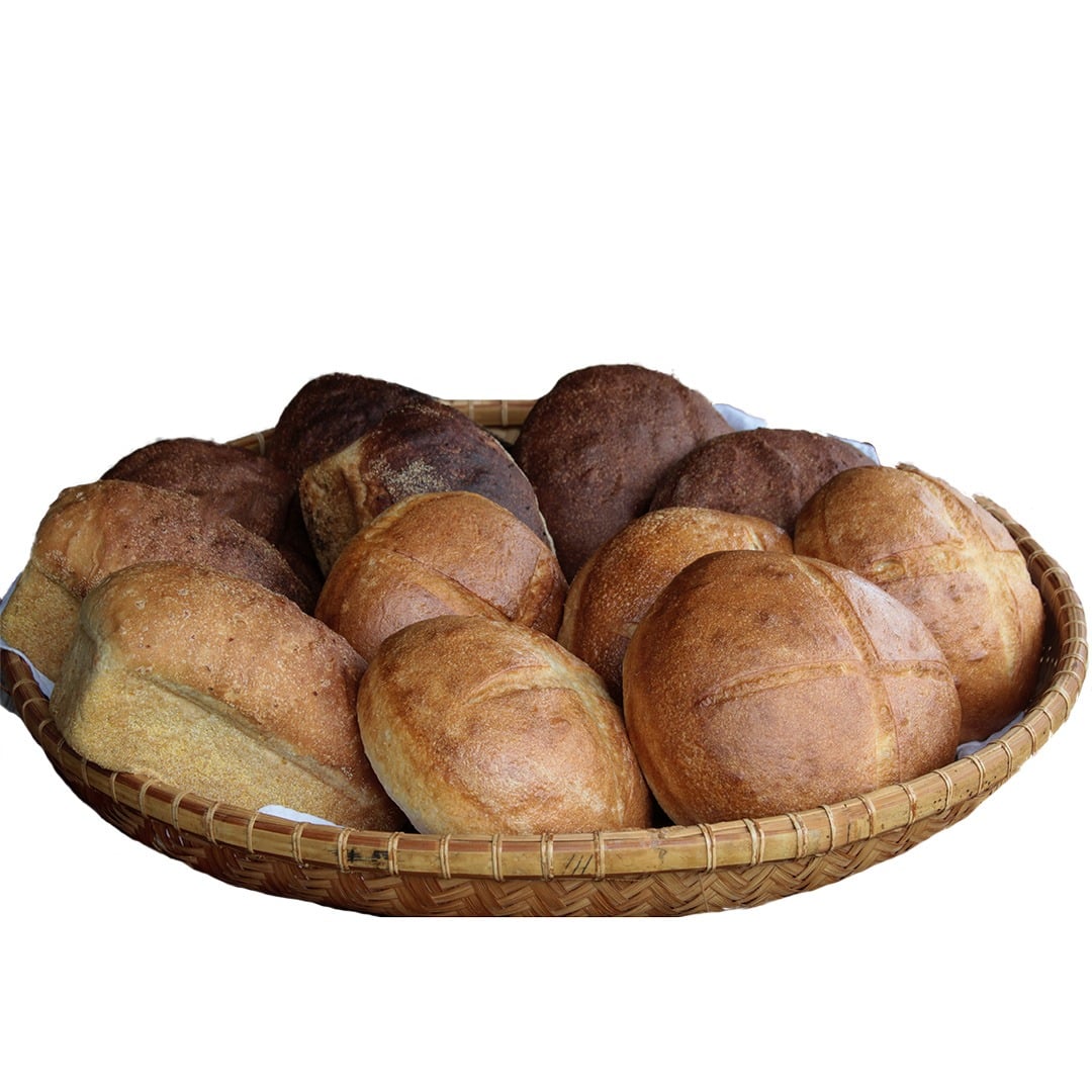 Many loaves of bread made with Old World Sourdough Starter on a white background.