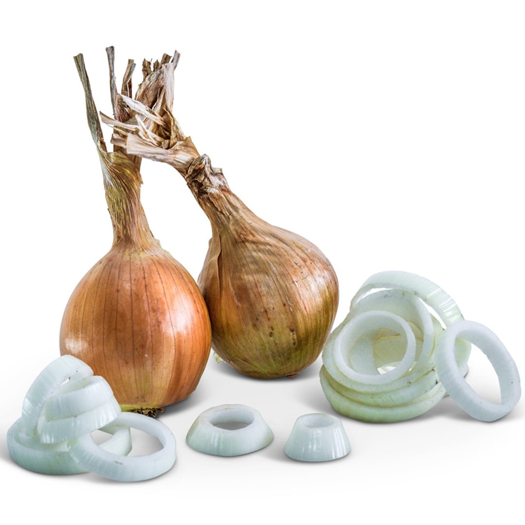 Pair of Ailsa Craig Onions with slices on a white background.
