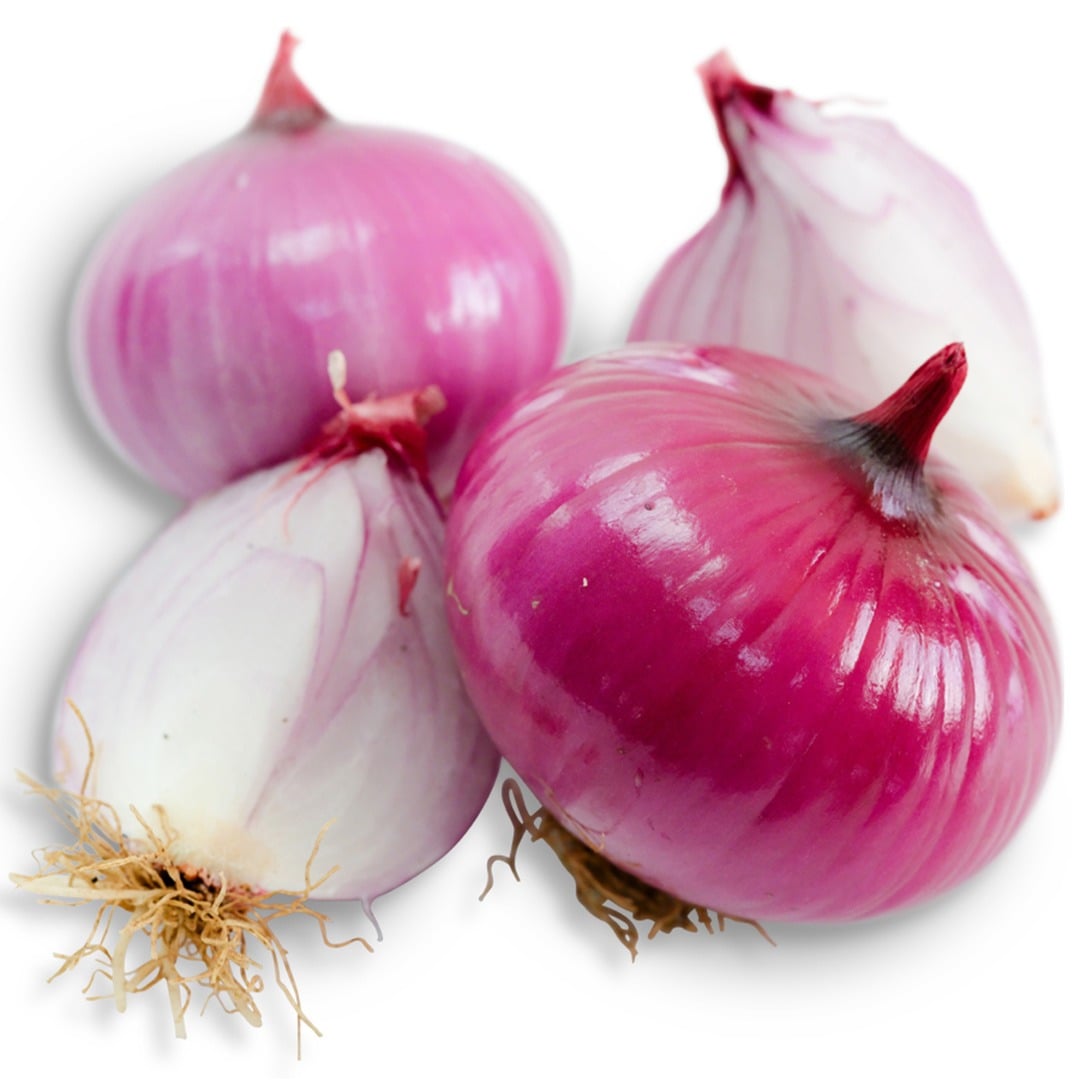 Cut and whole Akatama Salad Red Onions on a white background.