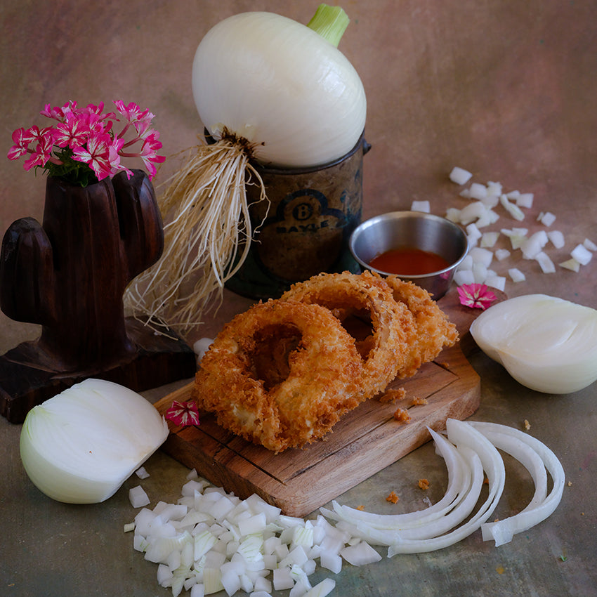 Texas Early Grano Onion with fried onion rings and dices.