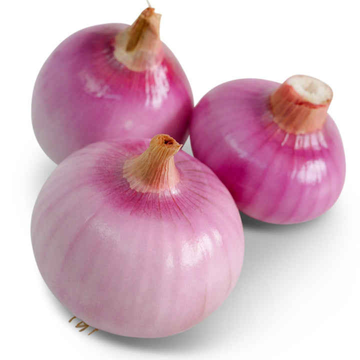 Trio of Violet De Galmi Onions on a white background.