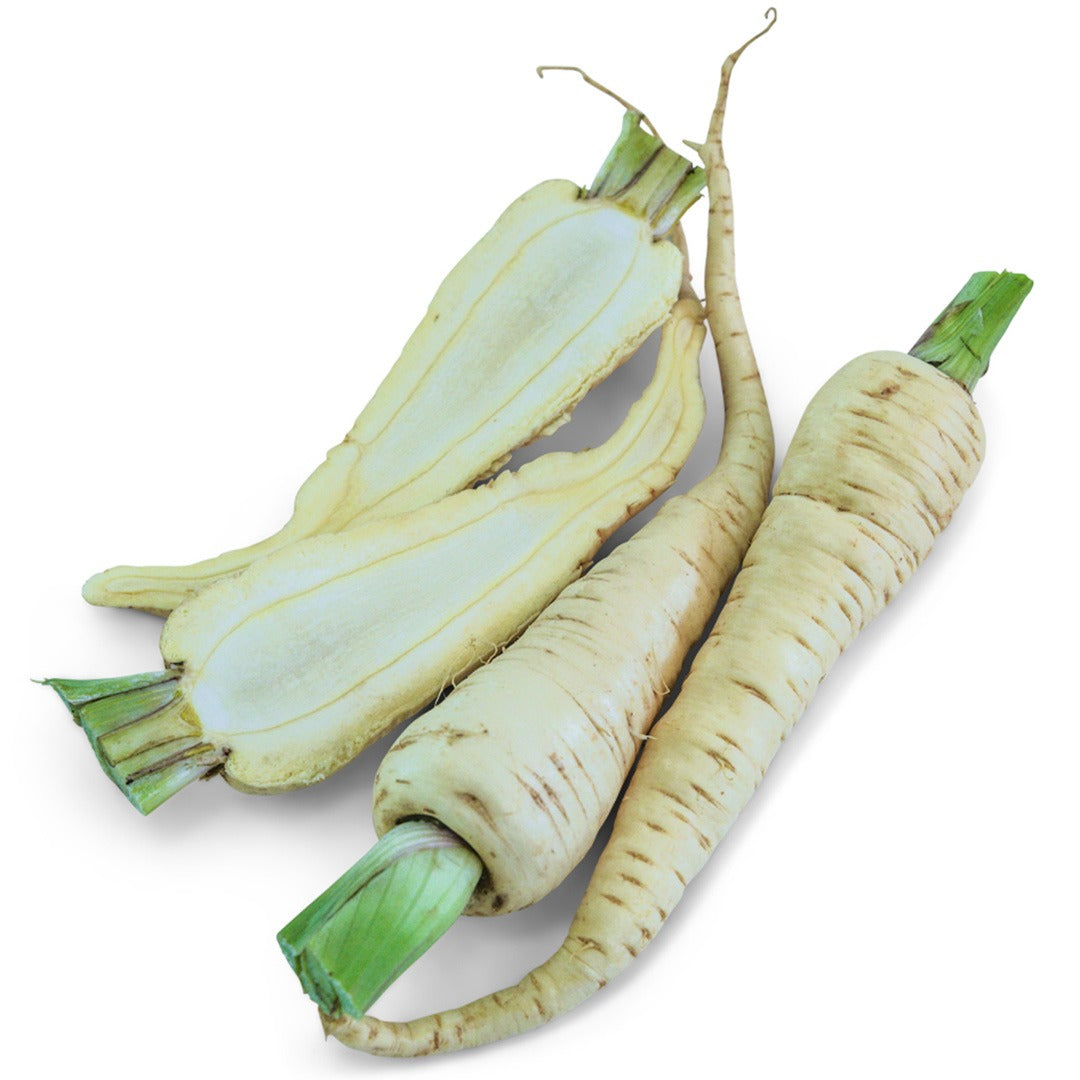 Sliced and whole Harris Model Parsnips on a white background.