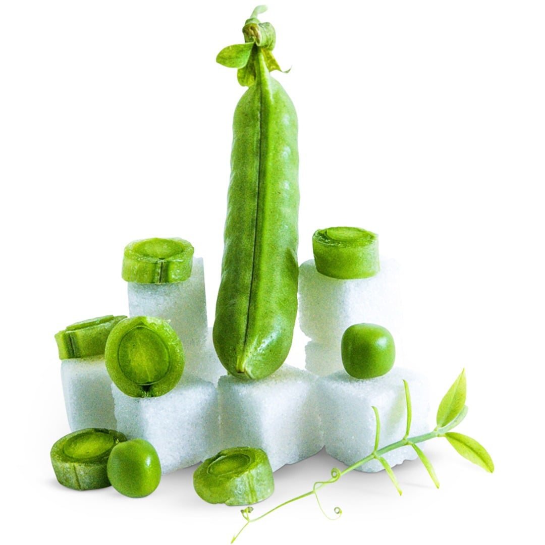 Sugar Snap Pea pod with sugar cubes on a white background.